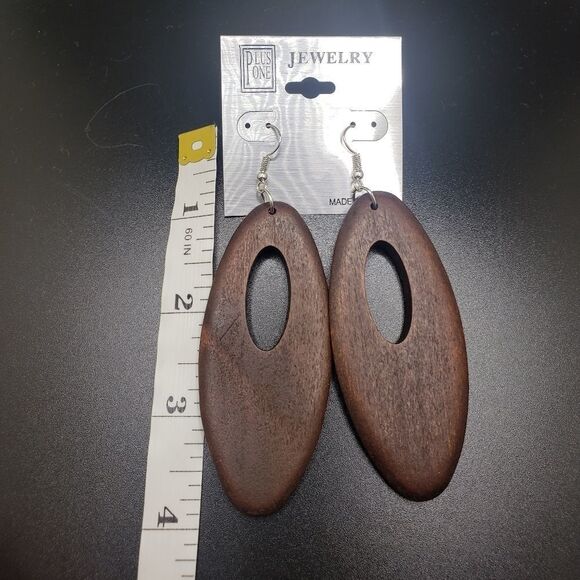 Dark Brown Wood Oval Shape Long Boho Style Earrings - Picture 4 of 5
